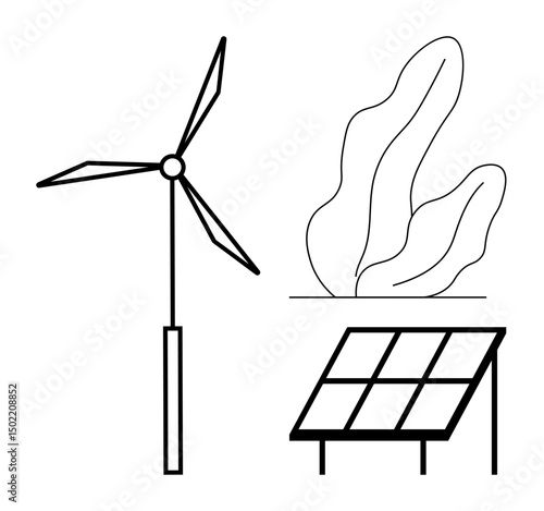 Wind turbine, solar panel, and abstract plant shape representing sustainable energy and nature. Ideal for renewable energy, sustainability, green technology, eco-friendly initiatives, environmental
