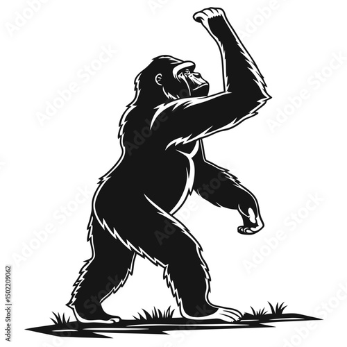 Strength and Serenity: A powerful gorilla raises its arm in a moment of quiet introspection, demonstrating its strength in a detailed black and white illustration, exuding power.