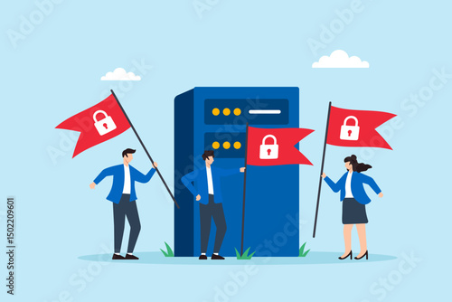 Flat illustration of people raising red security flags around server to mark protected cyber zone against digital threats