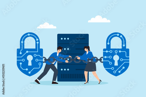 Flat illustration of two people locking digital padlocks with circuit chains around server for encrypted cybersecurity protection