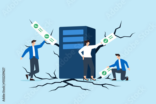 Flat illustration of three people sealing cracks around server with checklist tape to prevent data leaks and cyber threats