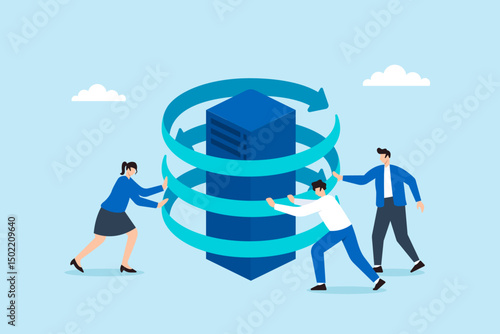 Flat illustration of team rotating security rings around server to form digital shield for cybersecurity defense