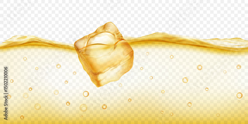 Large translucent yellow ice cube floating in water with air bubbles, isolated on transparent background. Transparency only in vector format.