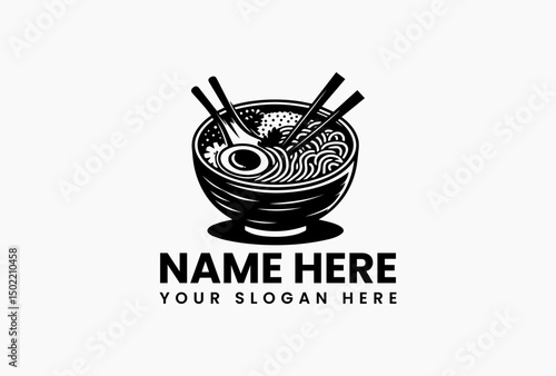 Bold black and white ramen illustration with chopsticks and steaming broth in vector logo. Japanese comfort food concept  