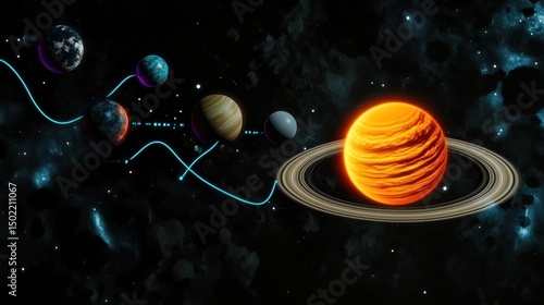 An illustrated view of planets in the solar system with orbital path lines. The central sun casts a vibrant glow, showcasing the beauty and wonder of space.
