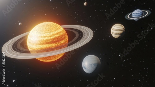 The majestic and captivating view of our solar system, featuring the sun and several planets floating in the endless universe. The vibrant planets are accompanied by radiant rings.