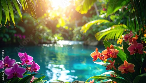 Lush, tropical scene with turquoise water, vibrant orchids, and bright sun shining through foliage