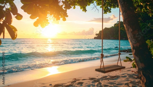 Beach sunset with a rope swing hanging from a tree branch overlooking calm waves