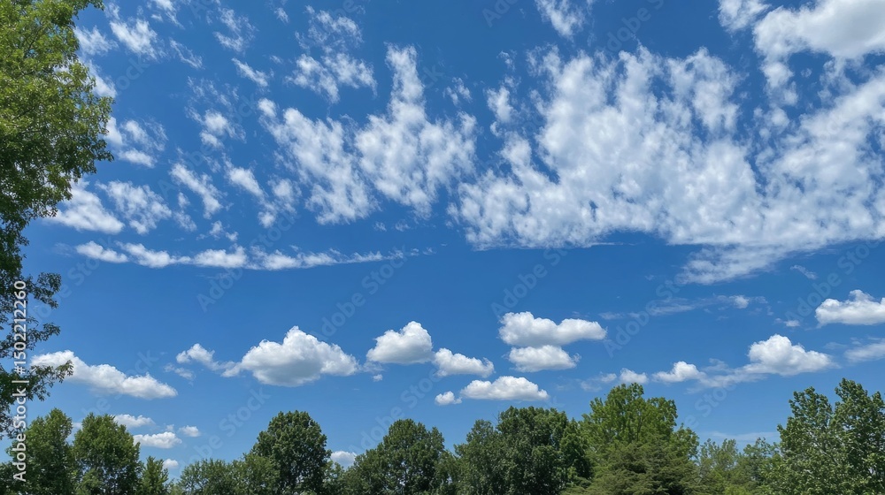 Obraz premium Blue sky with scattered clouds over a line of green trees. The clouds are mostly white and fluffy, with some areas of darker blue sky showing through