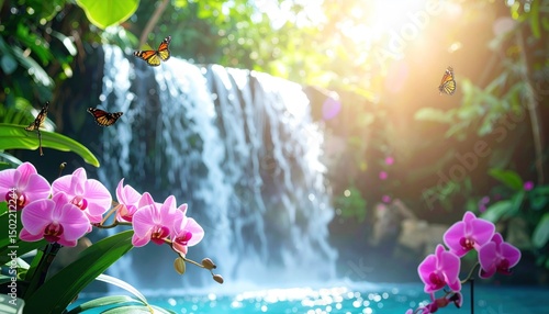 Lush waterfall cascades with pink orchids and butterflies in a sunny, bright scene