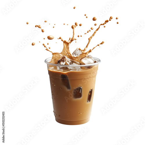 Iced coffee splash in plastic cup isolated on transparent background