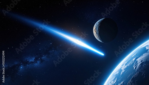 Meteor streaks past a planet towards Earth in deep space, against a backdrop of stars