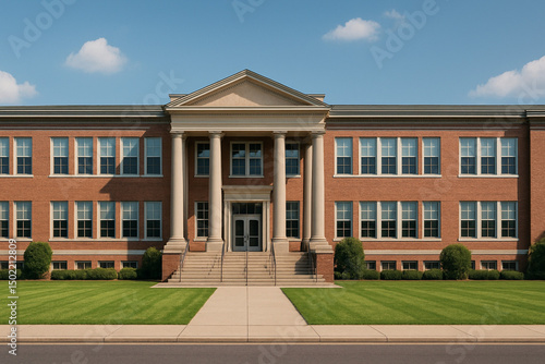 Classic brick school building with columns and green lawn under clear blue sky