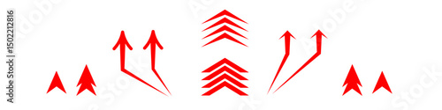  arrows up icon set isolated on white background, with variable head size and variable long body arrow red