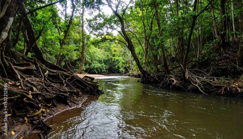 Forested river with exposed roots on banks, lush foliage, and a serene, natural landscape