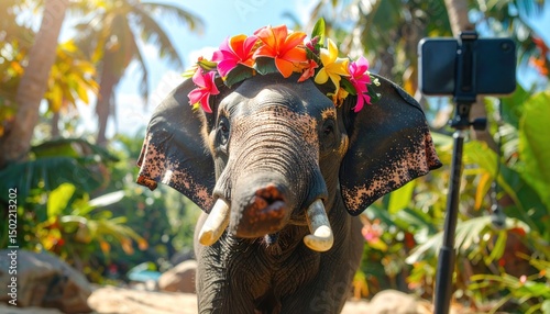 Elephant with flower crown poses for smartphone in tropical paradise