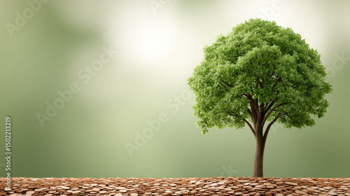 Green tree with fresh leaves on wooden coin pile