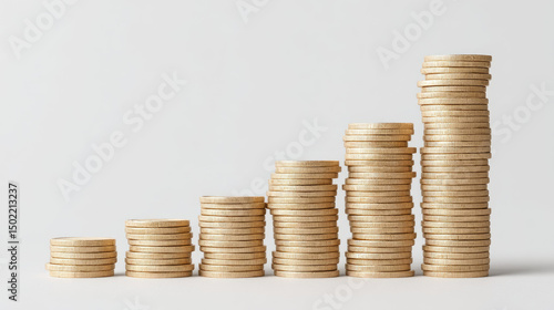 Stacked gold coins arranged ascending order showing financial