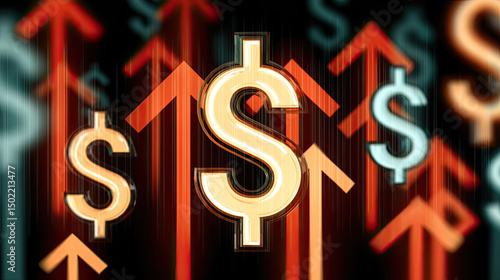 Rising dollar symbols with upward arrows showing financial growth