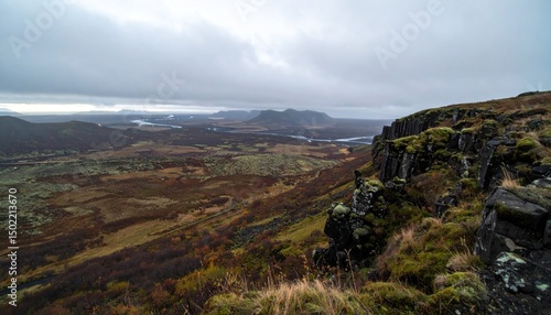 Overlook of Icelandic river valley, colored foliage against misty horizon