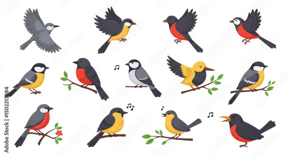 Fototapeta premium Flat vector bird collection, colorful songbirds in flying and perched poses, set of 13 avian illustrations for nature design, wild garden birds on white background
