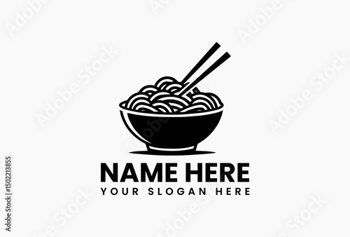 Stylized black and white ramen bowl vector logo with chopsticks and toppings. Japanese cuisine concept  