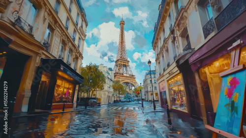 Fototapeta Naklejka Na Ścianę i Meble -  paris street scene eiffel background rain