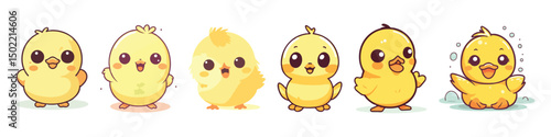 Cute Cartoon Yellow Chick Characters with Big Eyes and Various Expressions