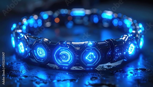 Glowing cybernetic ring with geometric, illuminated symbols