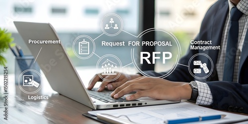RFP, Request for Proposal Business Concept. Businessman working on laptop with icon representing Request for Proposal (RFP) process, including procurement, bidding, contract management, and logistics.