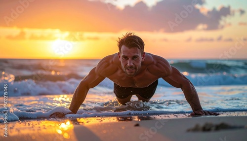 Muscular man doing push-ups on beach at sunset, sea washing over him