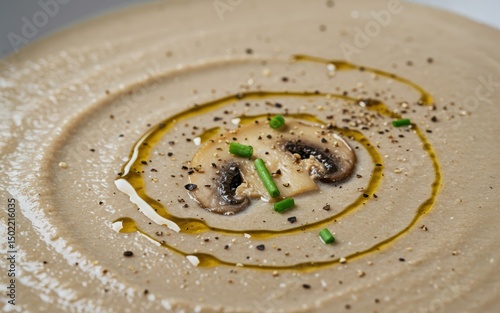 Creamy Mushroom Soup, a culinary delight. Garnished with fresh herbs and a drizzle of olive oil. Indulge in its rich texture.