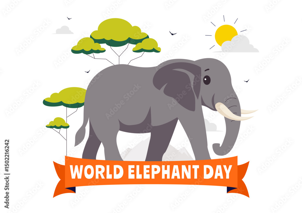 Obraz premium Happy World Elephant Day Vector Illustration on August 12, featuring Elephants for Conservation and Salvation Efforts in a Flat Style Background