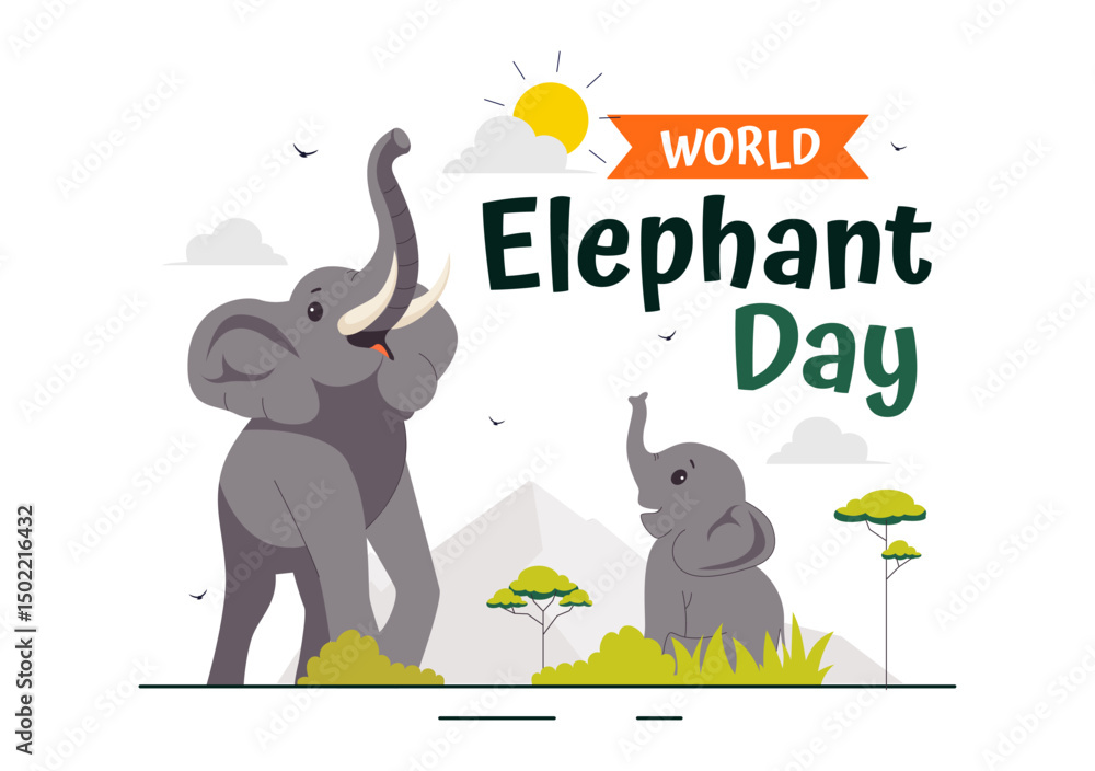 Naklejka premium Happy World Elephant Day Vector Illustration on August 12, featuring Elephants for Conservation and Salvation Efforts in a Flat Style Background