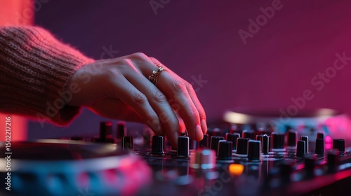 A woman’s hand adjusting audio equipment, controlling sound, mixer, and volume in a professional music or studio setup, perfect for media projects.