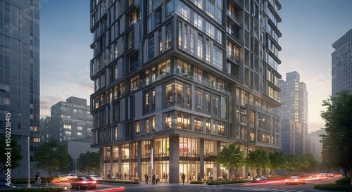 Modern Cityscape Dusk High Rise Building Urban Street Scene Evening Traffic