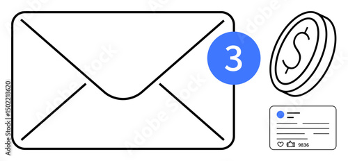 Envelope with notification badge, coin for monetary value, and profile card for social media. Ideal for email marketing, communication, finance, notifications, social media, e-commerce simple