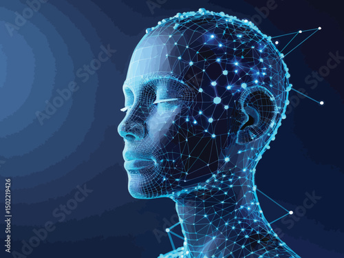 Digital Human Head: Wireframe Mesh Representing Artificial Intelligence, Connectivity, and Future Technology.