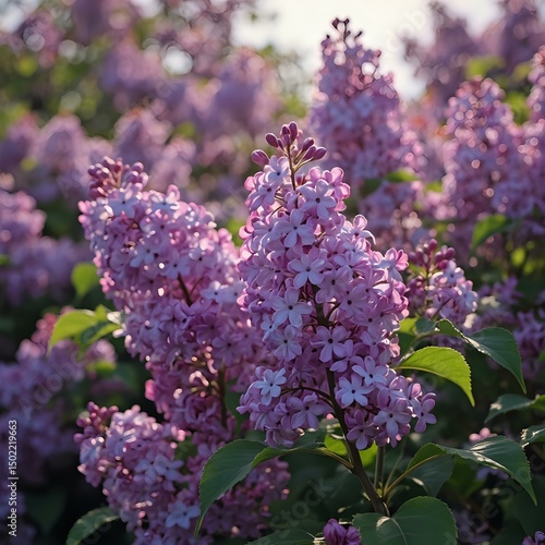 The image shows a close-up view of a cluster of purple lilac flowers with green leaves, bathed in sunlight with a blurred background that suggests a garden or field.