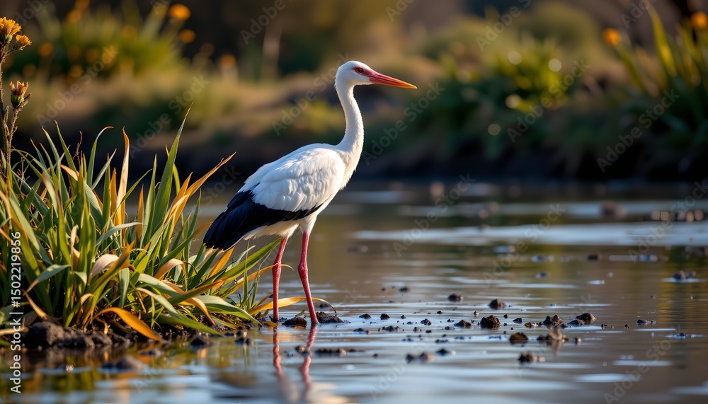 Naklejka premium in the serene setting of this image, a single white bird with striking red legs is perched confidently on a rock in a pond