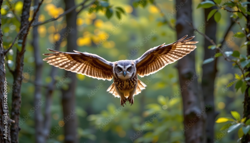 Fototapeta premium an owl soaring through a forested area, with trees and foliage in the background, creating a natural, woodland setting