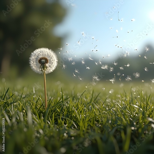 A dandelion in full bloom stands prominently in a verdant field, its fluffy seed heads caught in the midst of a gentle breeze.