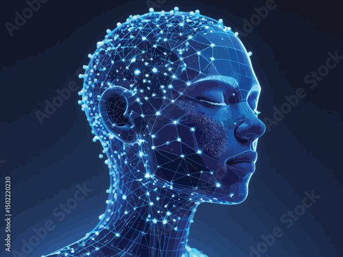 Blue futuristic female portrait showcasing AI connection, data network, and digital consciousness.