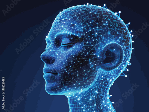 Digital Human Head in Blue, Connected Network with Artificial Intelligence Nodes.