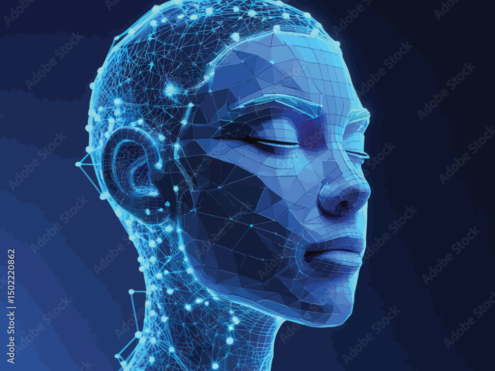 Obraz premium Digital Female Face in Blue: Abstract AI, Technology, and Connectivity Concept