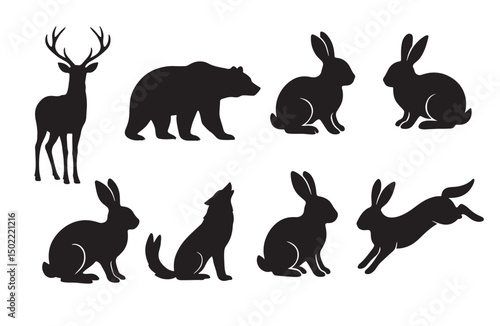 Vector silhouette of collection of rabbit on white background. Symbol of forest animal and hare
