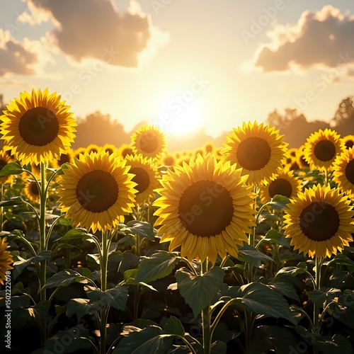 The image shows a field of sunflowers with their vibrant yellow petals and brown centers, set against a backdrop of a cloudy sky with the sun peeking through the clouds.