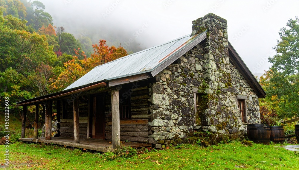 Fototapeta premium Handcrafted Log Cabin with Stone Chimney