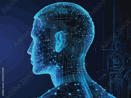 Digital Man: Abstract Network Head in Blue, Representing Artificial Intelligence and Future Technology.