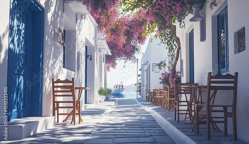 Fototapeta Naklejka Na Ścianę i Meble -  Sunny, whitewashed alleyway, bougainvillea, cafe